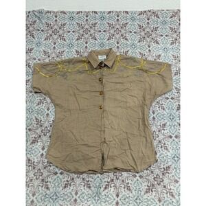 Carry Back Vintage Tan Embroidered Short Sleeve Button Down Shirt Ramie Cotton 8